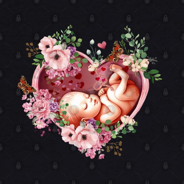 Baby inside the heart shaped womb, fetus, maternity floral botany, fetal, pregnant,vintage anatomy style, anatomy art, student, doctor, medical by Collagedream